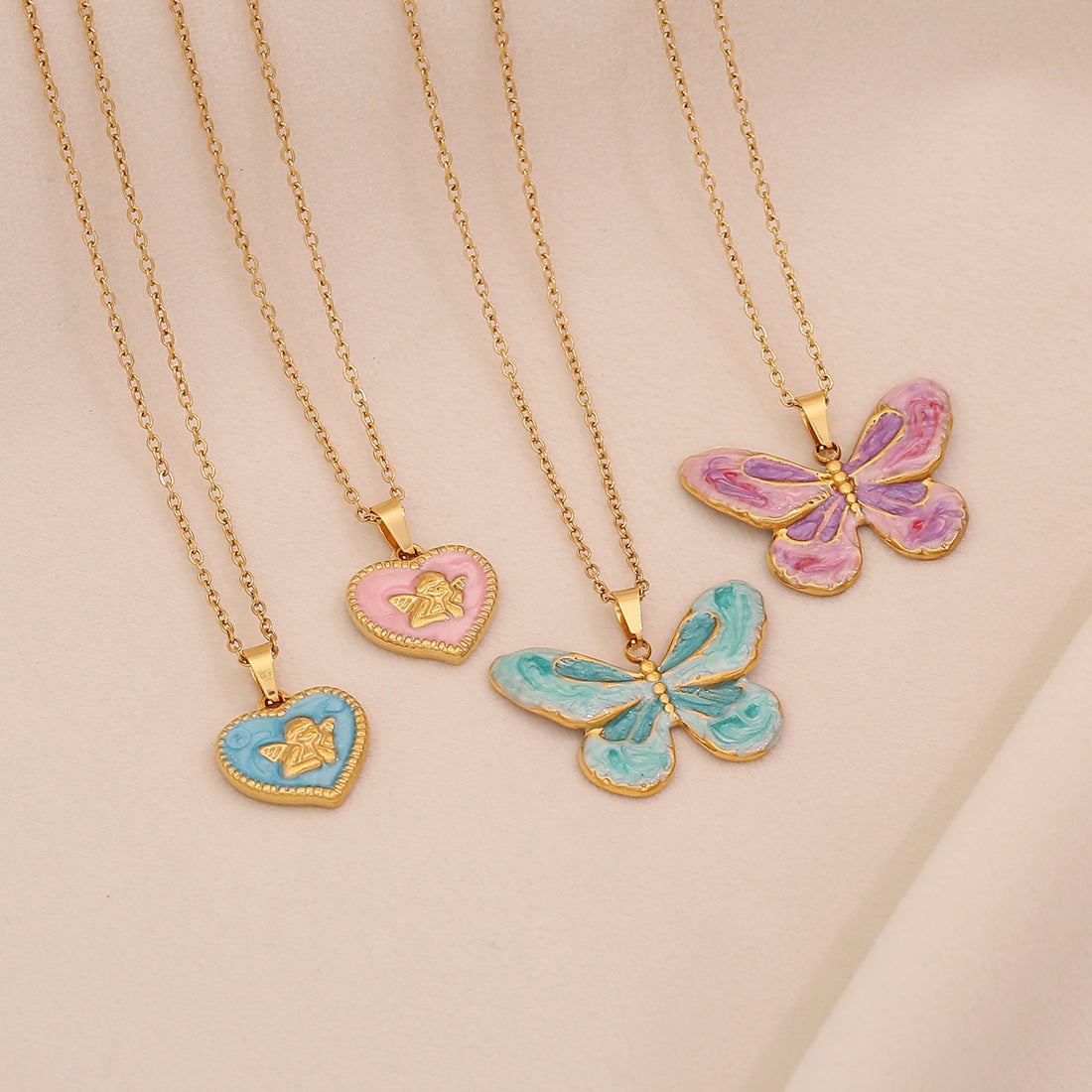 Retro Oil Drop Butterfly Pendant Necklace Fashion Angel Love Stainless Steel Clavicle Chain N1535
