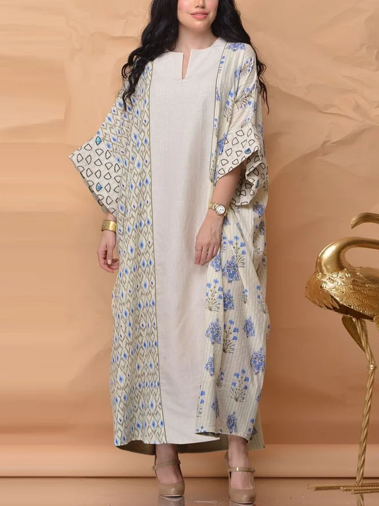 women v neck long sleeve batwing sleeve full-length casual pattern kaftan with floral printed