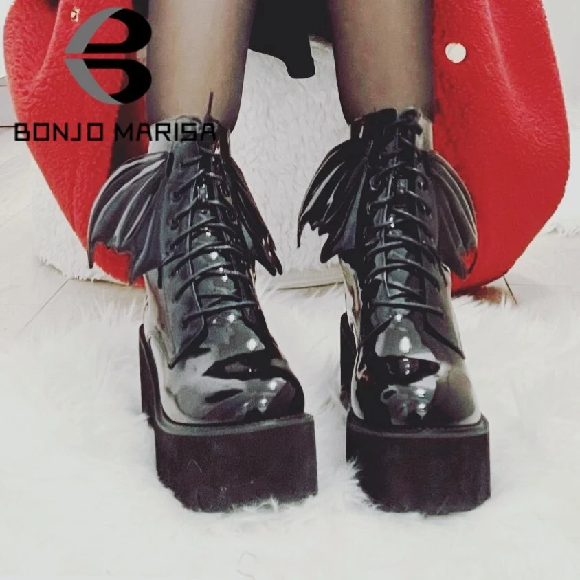 BONJOMARISA 2021 Brand Platform Chunky Heel Bat Wing Lace Up Zipper Goth Black Punk Cool women's Boots Street Black Ankle Boots