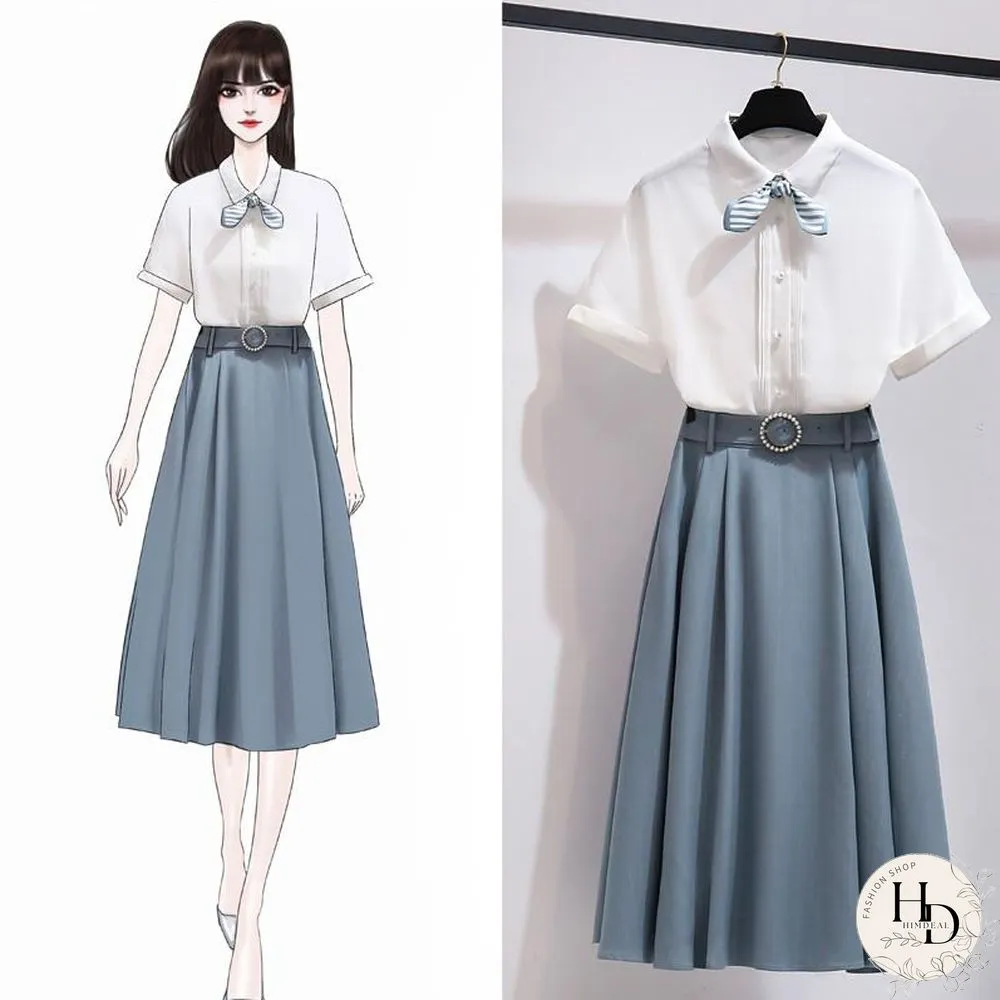 Sweet Chiffon Blouse+Belt Skirt P15751
