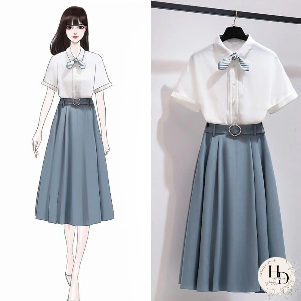 Sweet Chiffon Blouse+Belt Skirt P15751