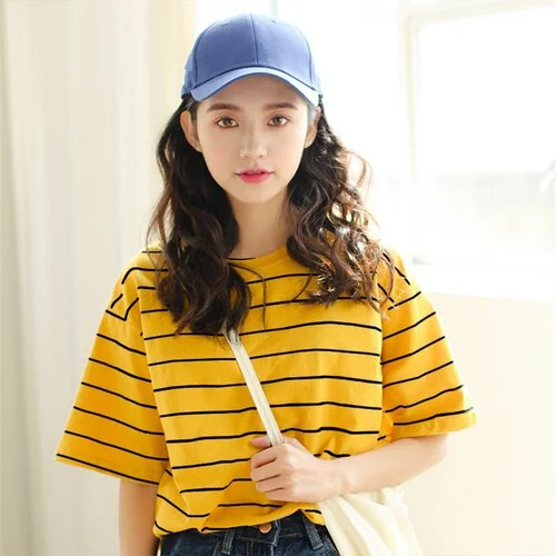 Harajuku Vintage t shirt kawaii Girlfriends stripe t-Shirts summer korean Women Casual Loose short Sleeve yellow tees Tops Femme