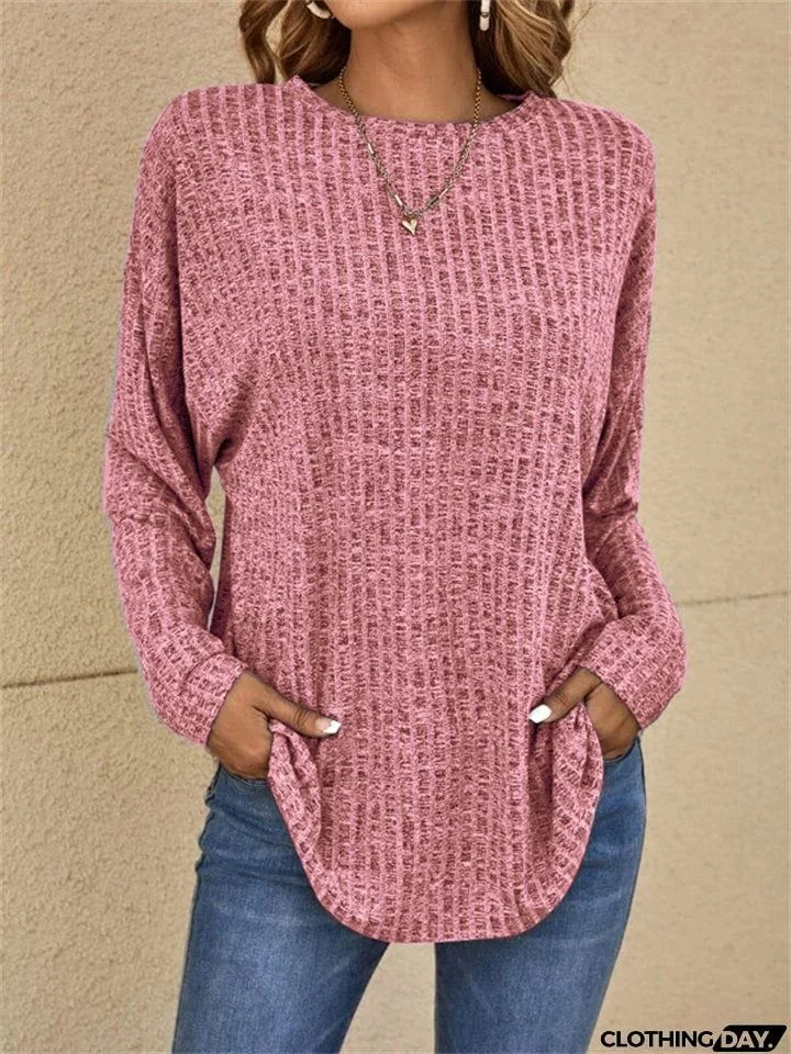 Autumn Knitted Round Neck Ribbed Long Sleeve Loose Tops