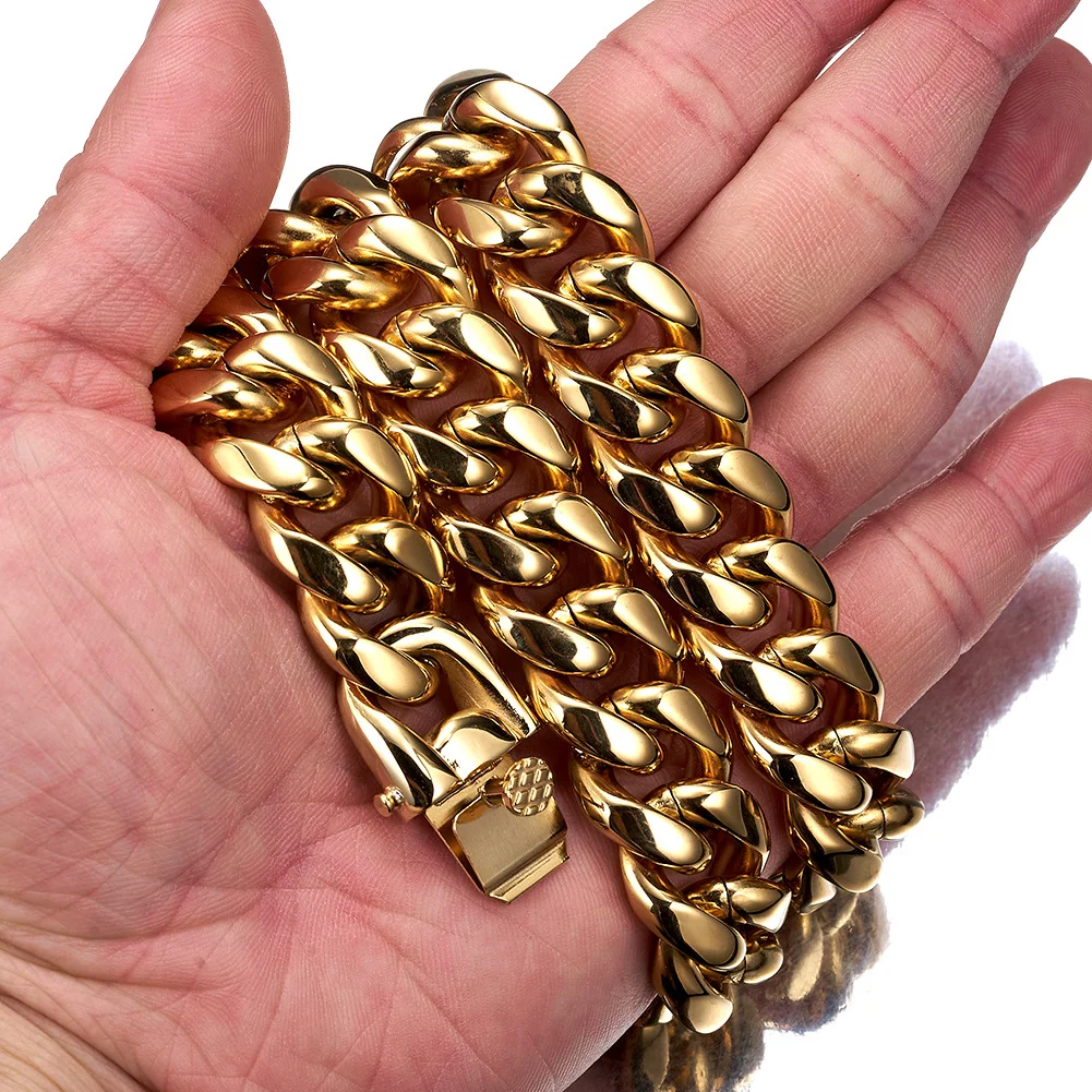 Mens Heavy Duty Cuban Chain Solid Gold Plated Necklace Bracelet 7 inches-36 inches Titanium Stainless Steel Men's Women's Necklace