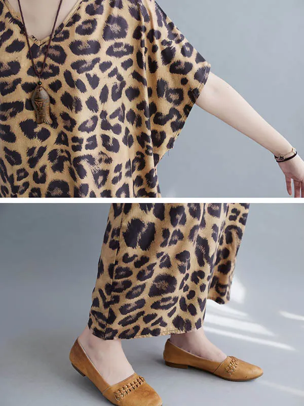 Loose Leopard Print Crew Neck Short Sleeve Dress