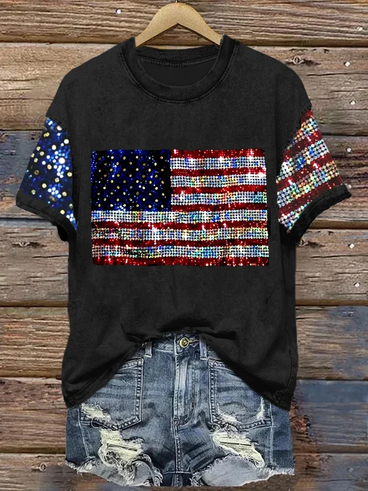 Comstylish Vintage Independence Day Sequin Print Cotton Blend T-Shirt