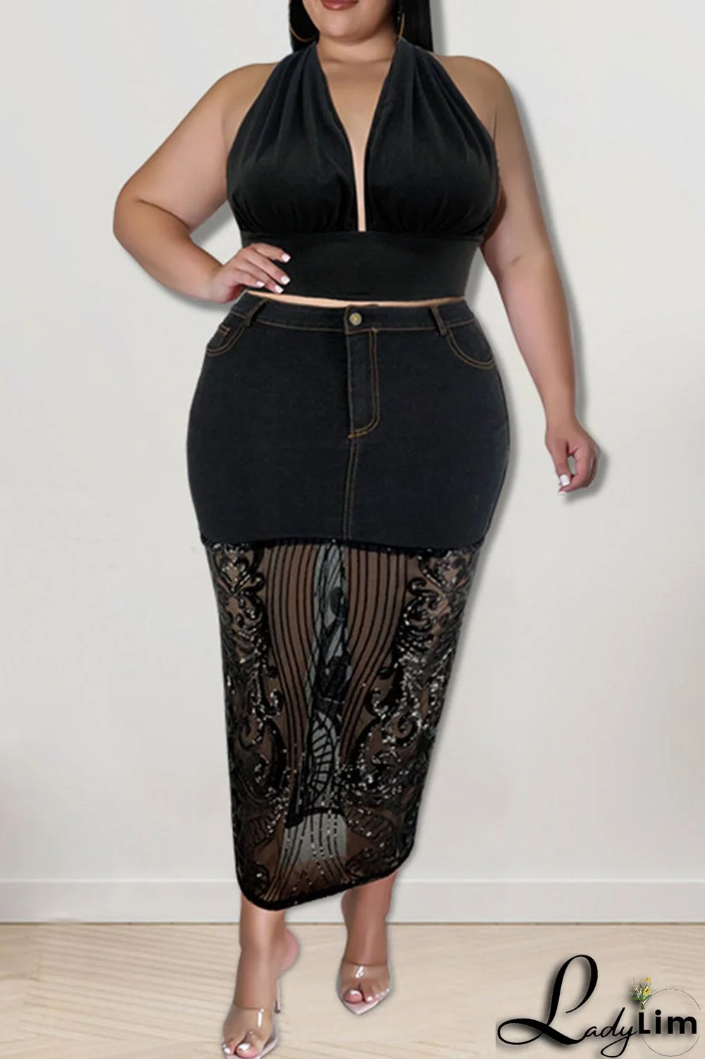 Deep Blue Sexy Solid Embroidered Sequins Patchwork High Waist Denim Skirts