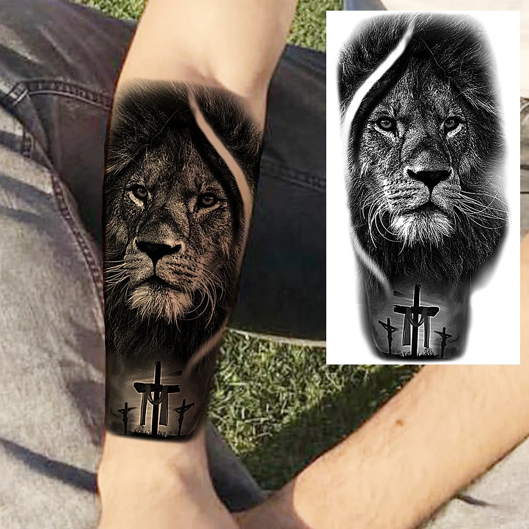 Praying Lion Cross Temporary Tattoos For Men Women Clown Wolf Tiger Flower Compass Fake Tattoo Sticker Forearm Waterproof Tatoos