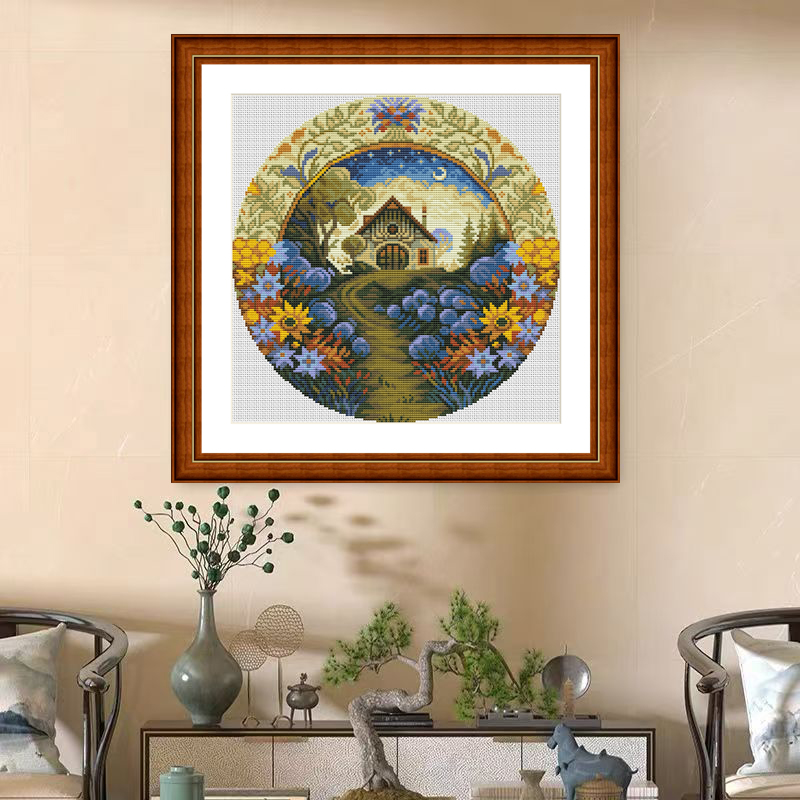 1set DIY Printed Cross Stitch Kit 【CC3090 Circular Landscape Cottage】printed (stamped) cross-stitch Painting Fairy Cross Stitch