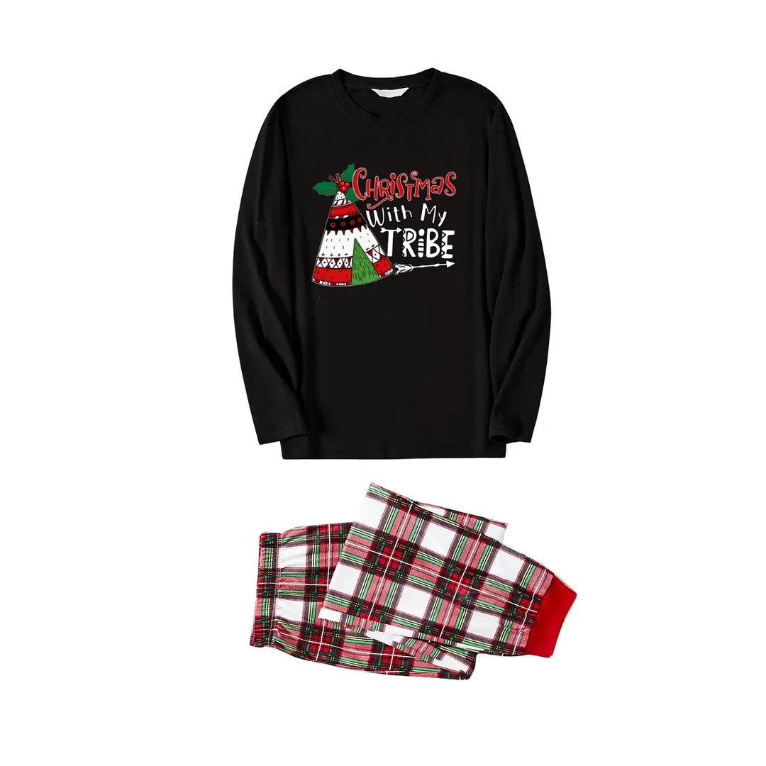 "Christmas With My Tribe" Pattern Ⅰ - Black Top with Red & White & Green Plaid Pants Family Matching Pajamas