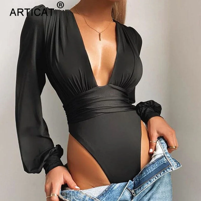 Articat Black Deep V Neck Bodysuit Women Sexy Puff Sleeve Bodycon Jumpsuit Solid Elastic Casual Party Winter Bodysuits Body Tops