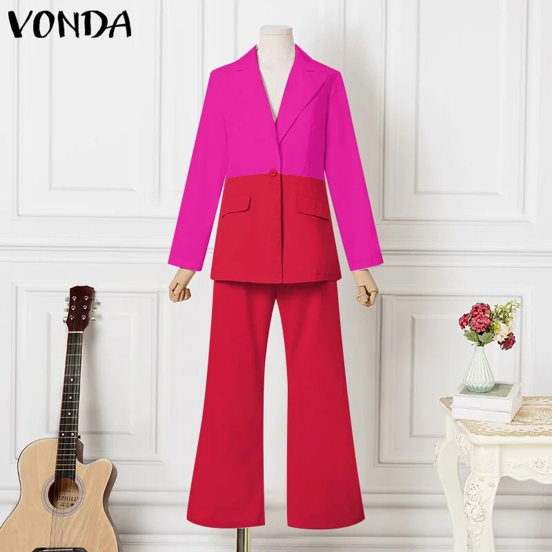 Women Long Sleeve Lapel Suit 2022 Casual Blazer Ropa De Mujer Jackets VONDA OL Office Formal Coats Long Trousers Suits 2PCS