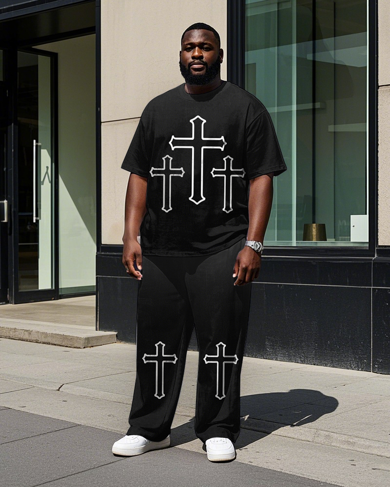 Men's Round Neck Simple Cross Printed Outdoor Big & Tall Short Sleeve T-shirt Pants Set