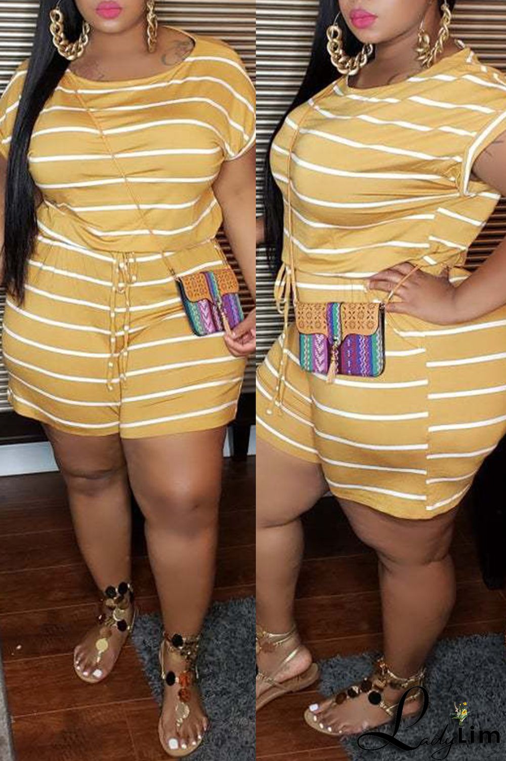 Blue Fashion Casual Striped Print Basic O Neck Plus Size Jumpsuits