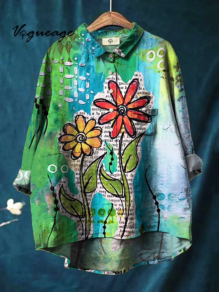 Fresh Fashionable And Versatile Flowers Printed Cotton And Linen Shirt