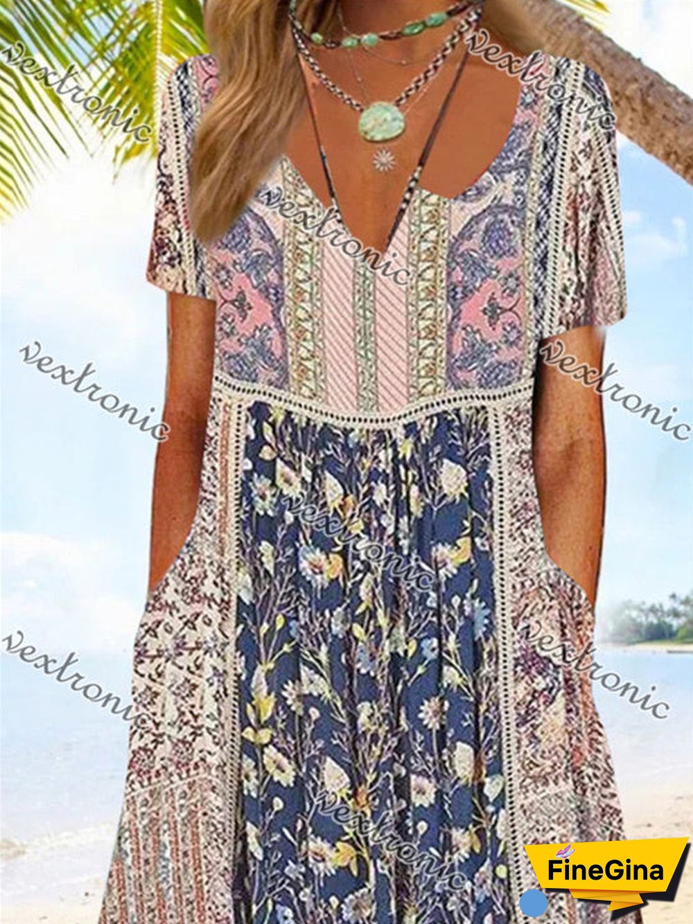 Women's Colorful Short Sleeve V-neck Graphic Floral Printed Midi Dress