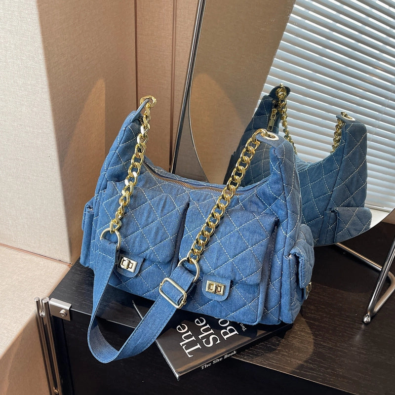 Women’s Denim Solid Color Lingge Classic Style Sewing Thread Dumpling Shape Zipper Crossbody Bag