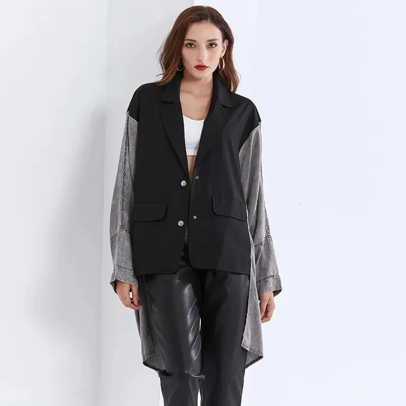 Oocharger Patchwork Bat Sleeve For Female Coat Lapel Collar Long Sleeve Loose Women's Casual Coat 2023 Fashion Streetwear