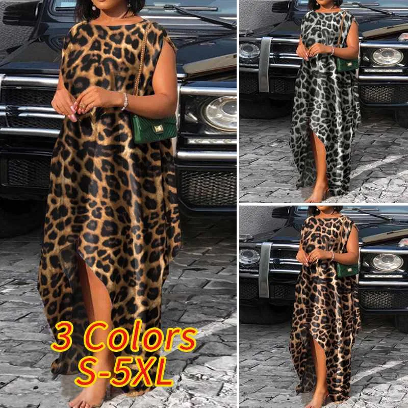 VONDA Women Long Dress Vintage Leopard Print Dresses Sexy Sleeveless Irregular Hem Tank Robe Bohemian Vestido  Sundress