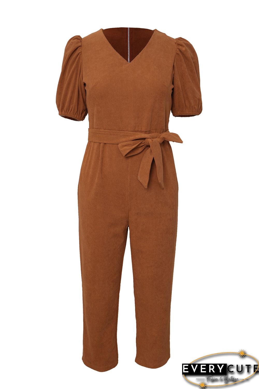 Brown Tie Knot Puff Sleeve Straight Leg High Rise Jumpsuit