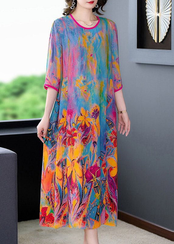 Plus Size O-Neck Print Silk Dress Long Sleeve