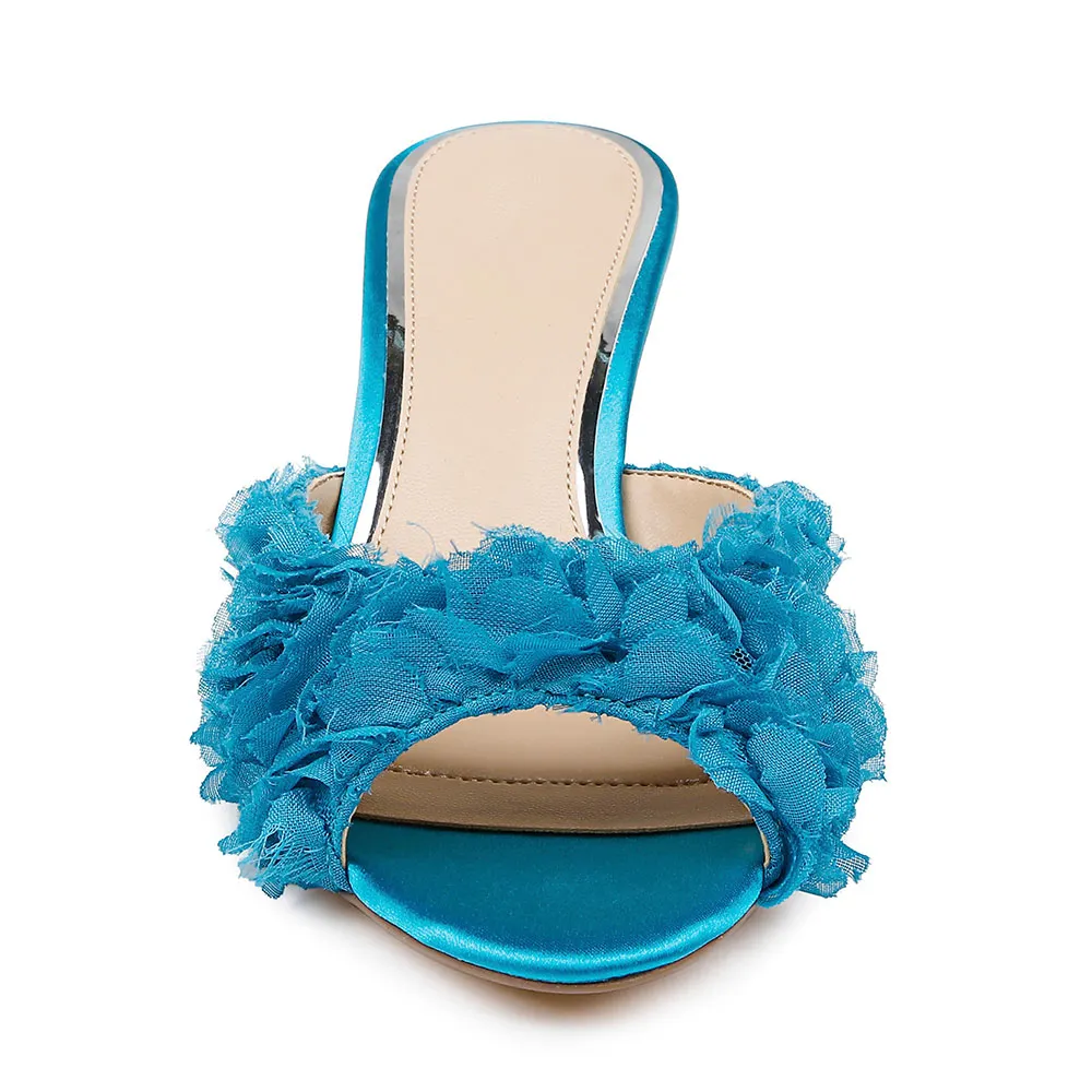 YDN Peep Toe Stiletto Heel Slip On Ruffle Mules Shoes in Blue