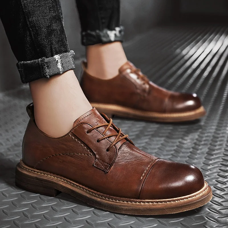 Retro Wrinkle 100% Genuine Leather Men Shoes lace up Mens Casual Shoes fashion Walking Flats Soft cow leather oxfords Moccasins