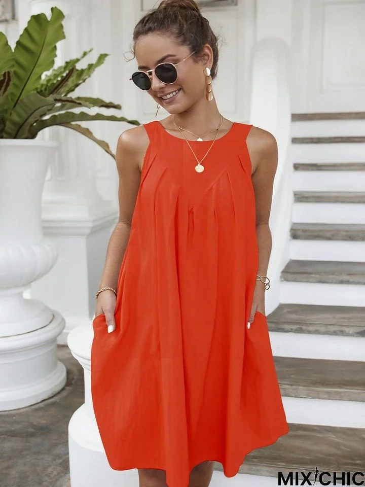 Casual Neck Pleated Dress