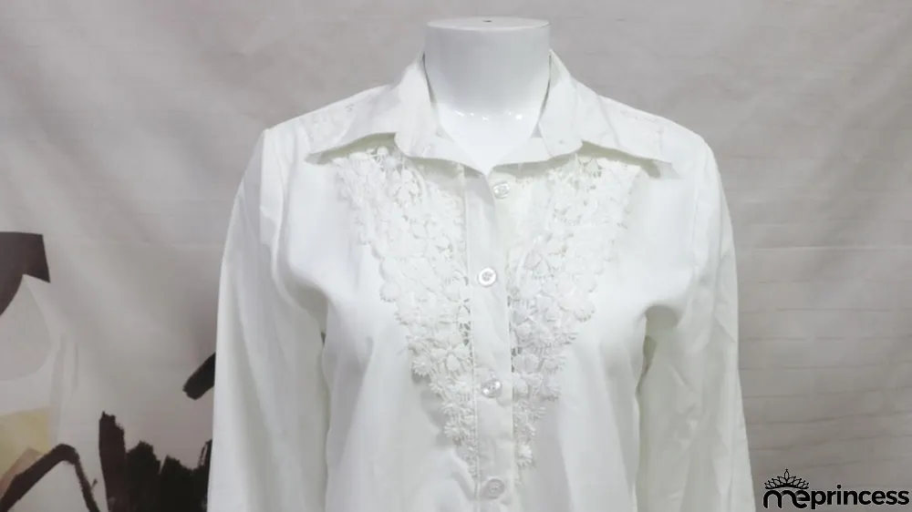 Fall White Mesh Patch Button Up Long Sleeve Formal Blouse