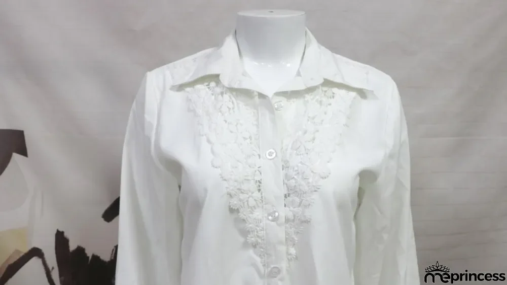 Fall White Mesh Patch Button Up Long Sleeve Formal Blouse