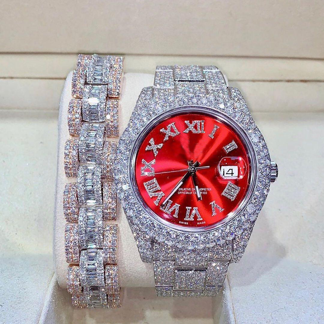 Red Face Silver Diamond Watch Hip Hop Bust Down Bling Jewelry Roman