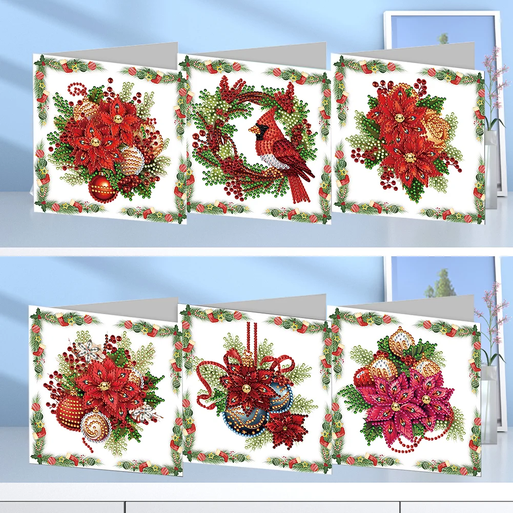 6pcs DIY Christmas Red Flower DIY Diamond Painting Card for Friends Family Gift【With White Envelope】