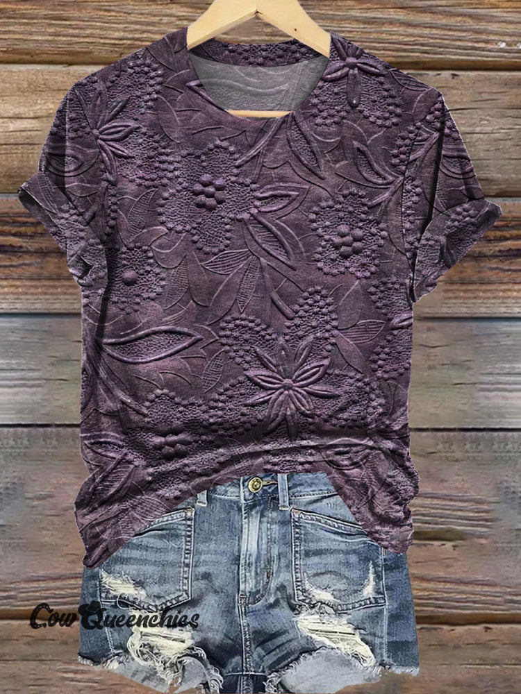 Vintage 3D Floral Print Casual T-Shirt Purple / S