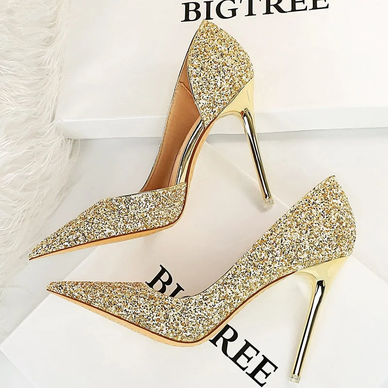 BIGTREE Shoes Gold Sliver Woman Pumps Sequin Cloth Wedding Shoes Sexy High Heels 2022 New Pumps Women Stiletto Heels 10.5 Cm