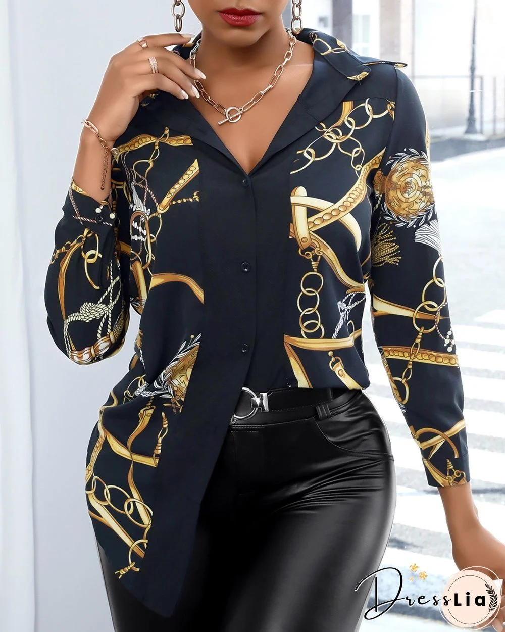 Chain Scarf Print Button Design Shirt P10692