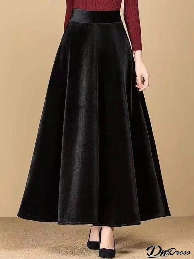 Women's Work Long Skirt Maxi Black Gold Velvet Black Skirts Fall Winter Pocket Long Office Career Street M L XL