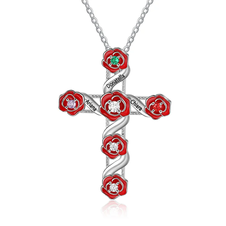 Confirmation Gift Personalized Rose Cross Necklace with 3 Birthstones Engraved Names for Her