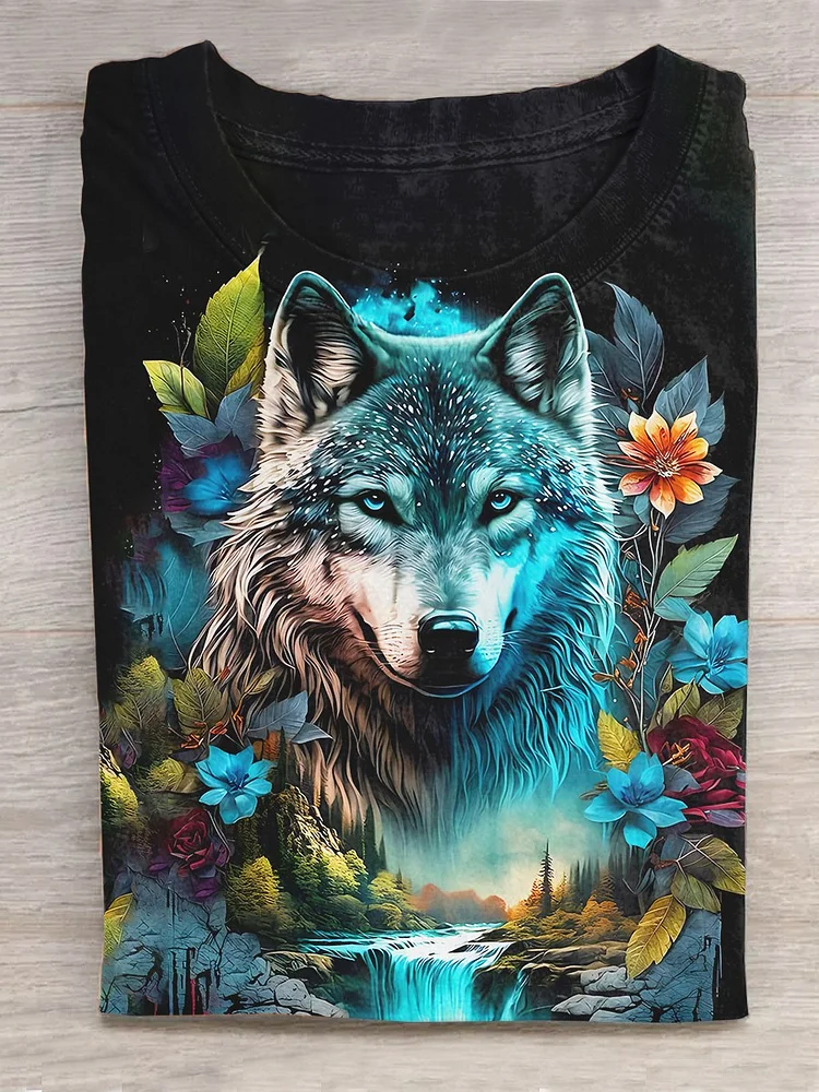 Wolf Under The Moonlight Art Print Casual T-Shirt