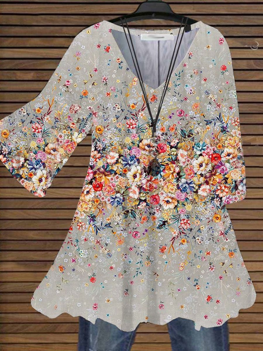 Women's Multi-color Floral Printing V-neck Casual Tee