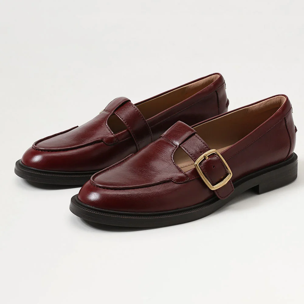 Maroon Slip-On T-Strap Round Toe Flat Mary Jane Shoes with Buckle