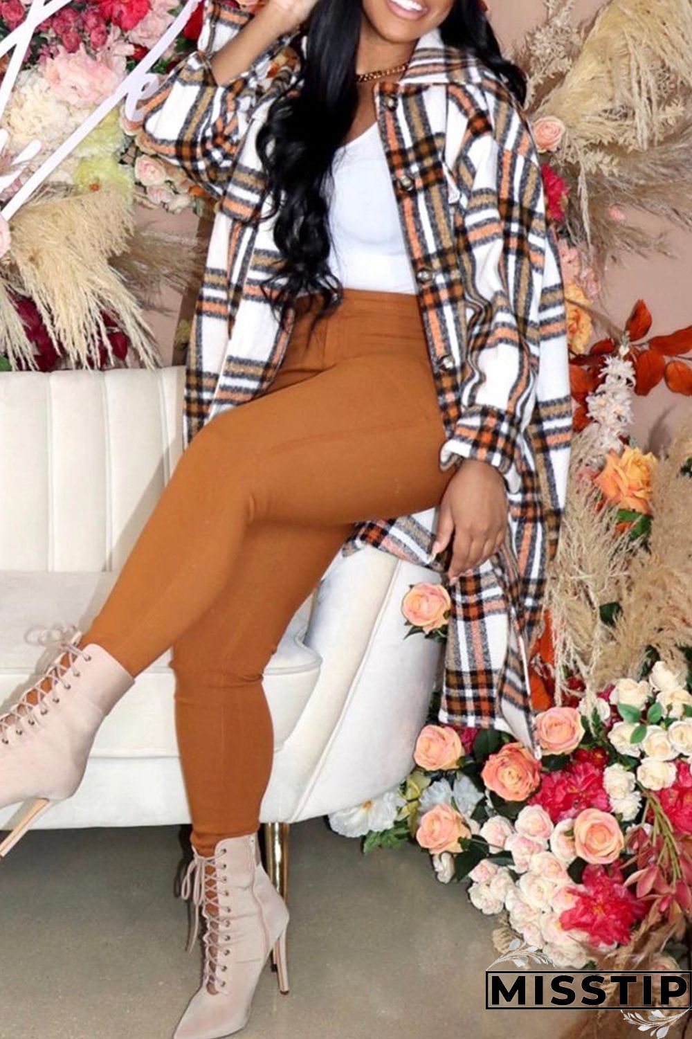 Yellow Fashion Casual Plaid Print Cardigan Turndown Collar Outerwear