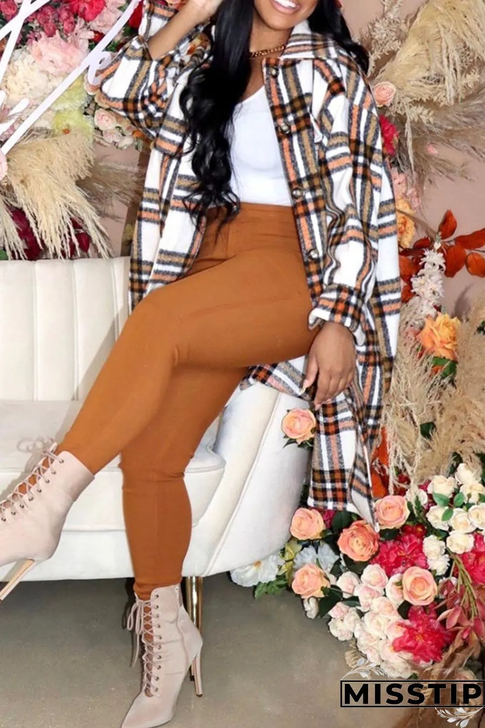 Yellow Fashion Casual Plaid Print Cardigan Turndown Collar Outerwear