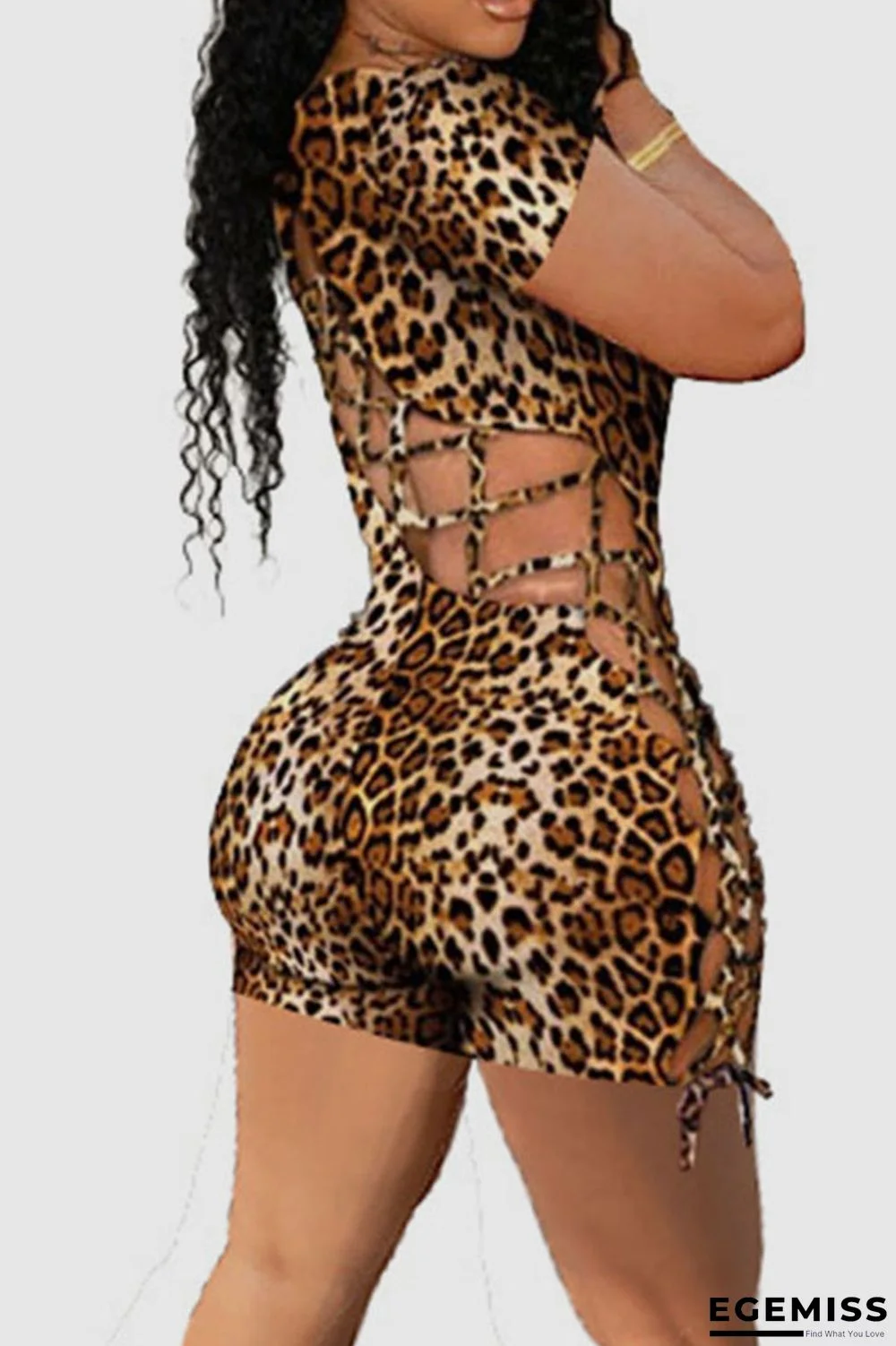 Khaki Sexy Print Hollowed Out Patchwork Backless O Neck Regular Jumpsuits | EGEMISS