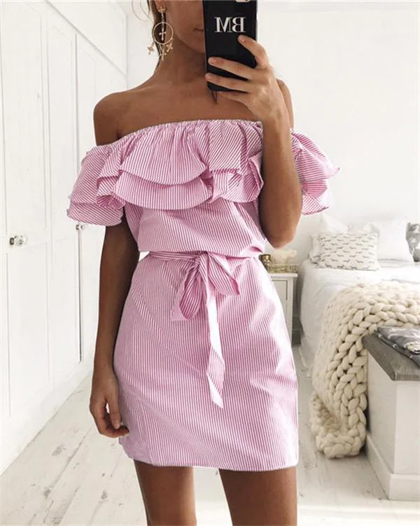 Lotus Edge Off Shoulder Women Striped Mini Dress