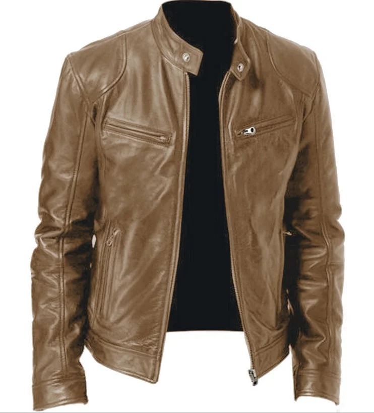 Pongl Pongl Business Gentleman Warm Zipper Open Shirt Pocket Decoration PU Leather Jacket Collar Collar Zipper Leather Jacket