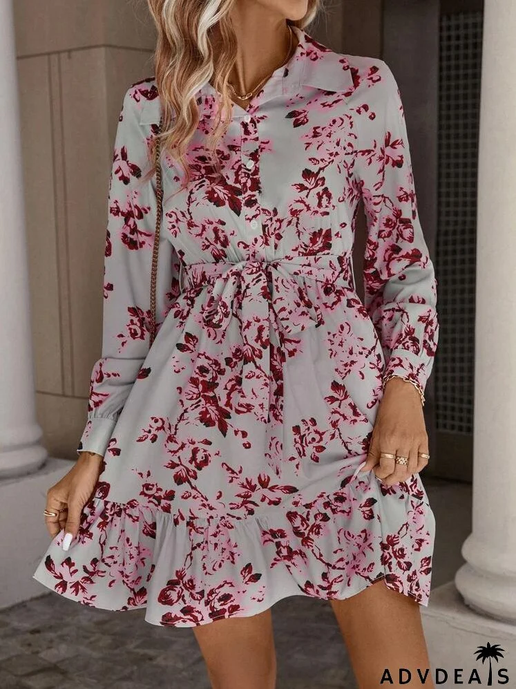 Floral Print Ruffle Hem Belted Shirt Dress