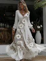 Women's Vintage Floral Embroidery Art V-neck Casual Long Sleeve Maxi Dress