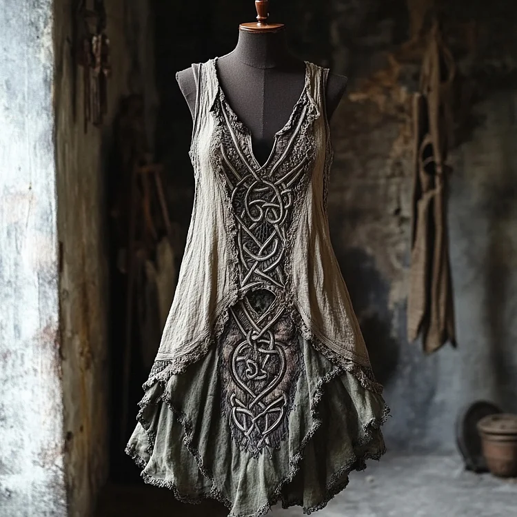 Vintage Tribal Lace Patchwork Comfy Linen Tank Dress