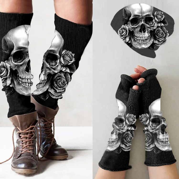 (Ship within 24 hours)Punk skull print knitted hat +leg warmers + fingerless gloves set