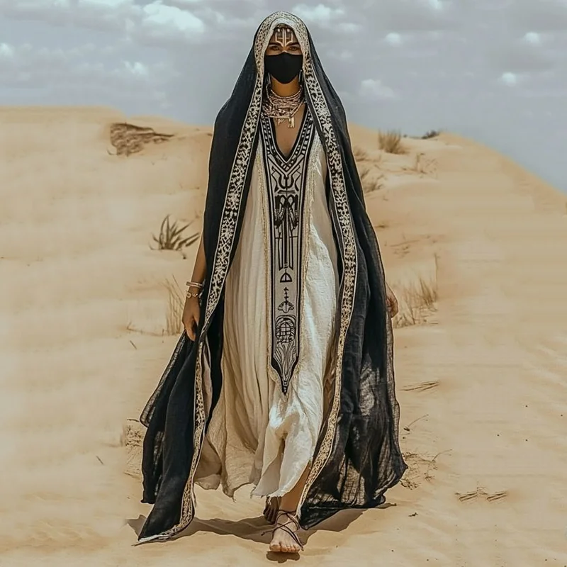 Vintage Egyptian Embroidered Art Linen V Neck Sleeveless Maxi Dress Excluding Shawl